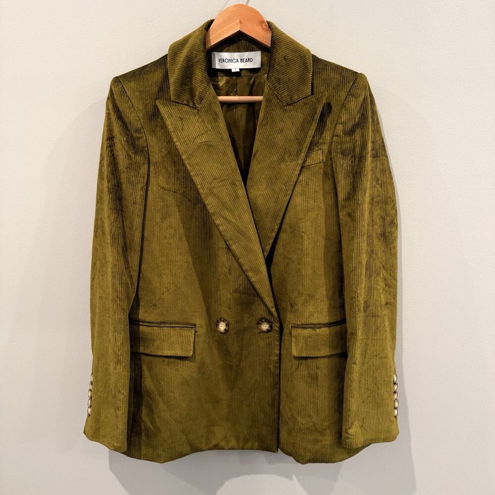 $798 Veronica Beard Sevyn Corduroy Dickey Jacket Blazer Green 6 Double Breasted